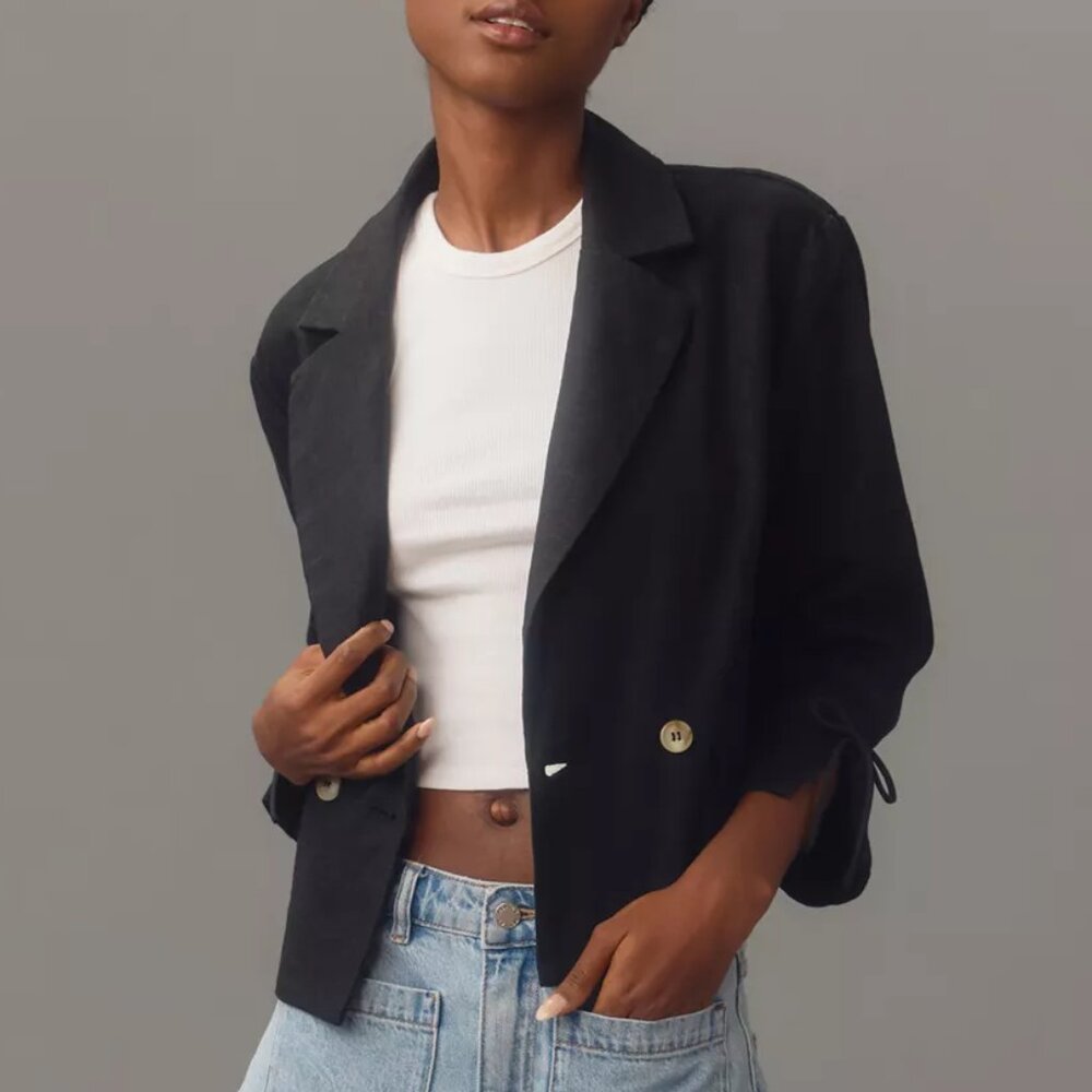 Anthropologie DOLAN Linen Bow Detail Blazer Black Large